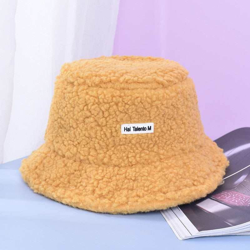 Lamb Faux Fur Bucket Hat Winter Warm Velvet Hats for Women Lady Thicken Bob Panama Outdoor Fisherman Hats Caps Girls