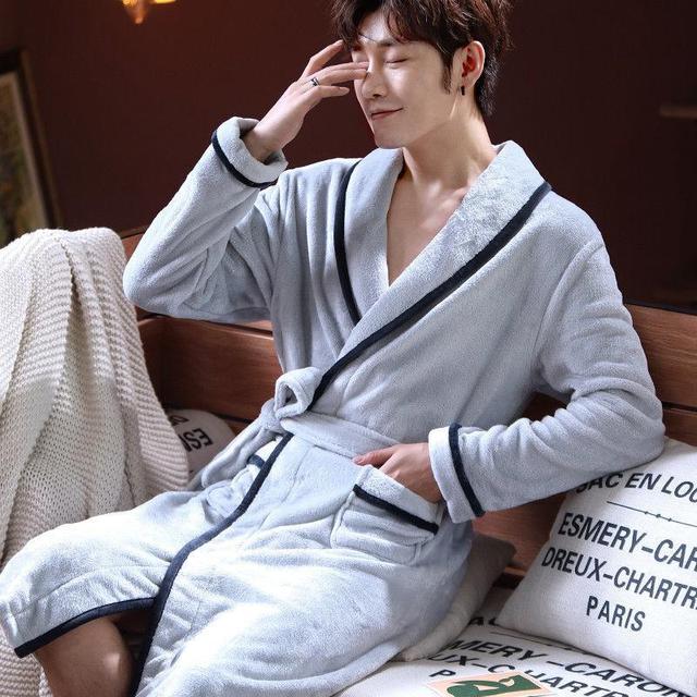 Bathrobe Men&#39;s Solid Winter Warm Long Sleeve Ladies Bath Robe Flannel Kimono with Sashes Dressing Gown for Couple 2022 New