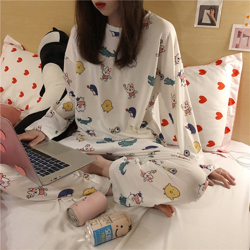 Autumn Thin 2pieces Pyjamas Set Women Sleepwear Lovely Home Suits 2021 Round Neck Girls Teacup SleepwearLong Sleeve Pajamas