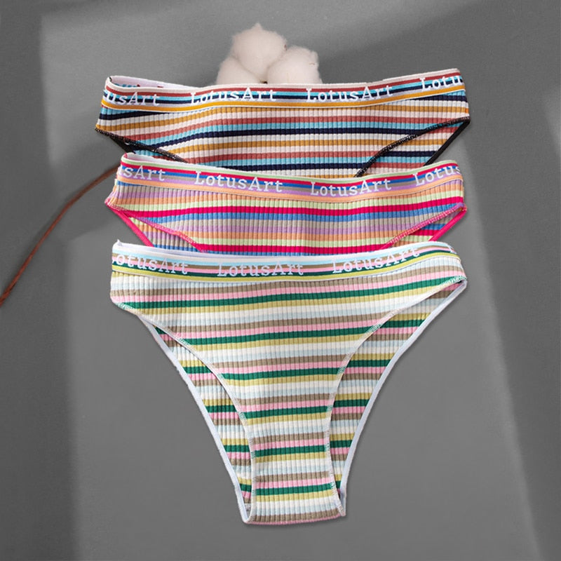 FINETOO 3Pcs/Set Colorful Stripes Panties Women&#39;s Cotton Briefs M-XL Low-Rise Rainbow Underwear Ladies Underpants Girls Panties