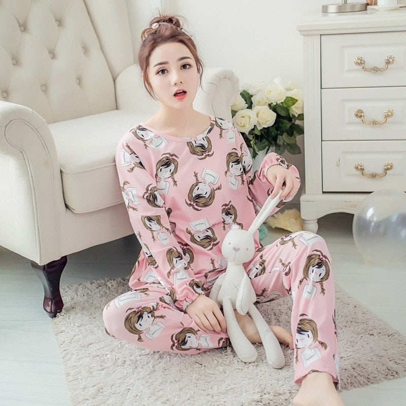 Autumn Thin 2pieces Pyjamas Set Women Sleepwear Lovely Home Suits 2021 Round Neck Girls Teacup SleepwearLong Sleeve Pajamas