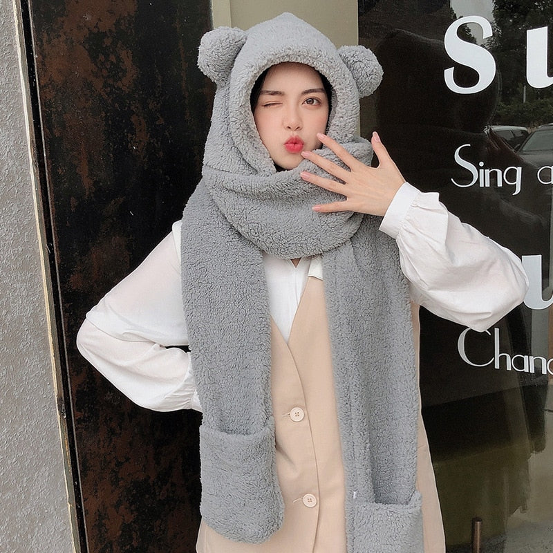 Lamb Velvet Hat Woman Winter Warm And Cold Hooded Scarf Gloves 3-in-1 Sets  Female Cute Bear Ear Protection Cotton Cap With Ears