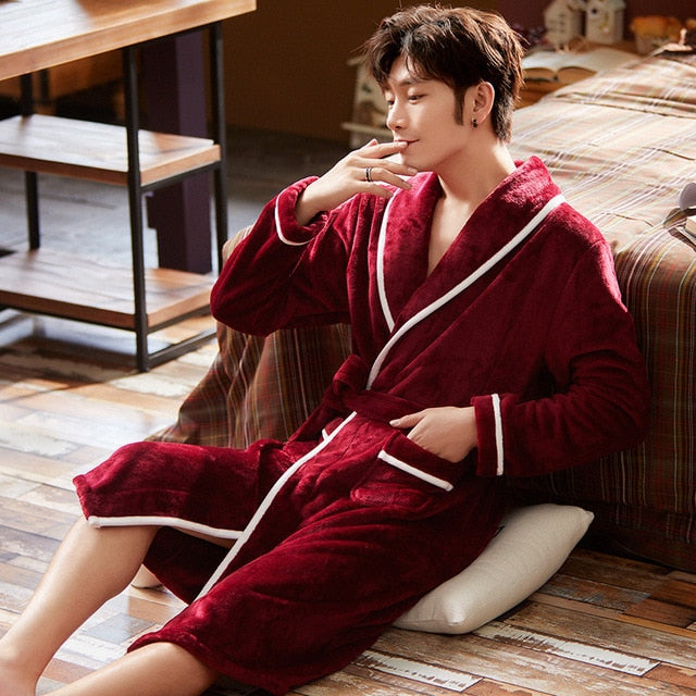 Bathrobe Men&#39;s Solid Winter Warm Long Sleeve Ladies Bath Robe Flannel Kimono with Sashes Dressing Gown for Couple 2022 New