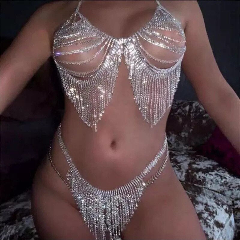 Fashion Rhinstone Body Chain Harness Bra Dress Belt for Women Rave Festival Shiny Bikini Night Club Sexy Body Jewelry Belly Gift