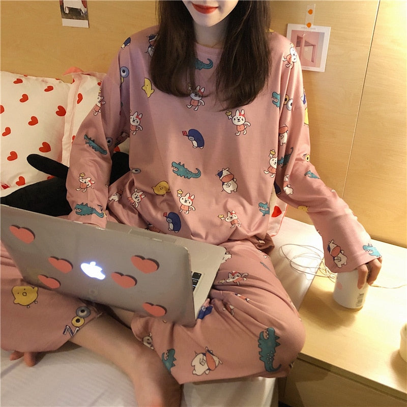 Autumn Thin 2pieces Pyjamas Set Women Sleepwear Lovely Home Suits 2021 Round Neck Girls Teacup SleepwearLong Sleeve Pajamas