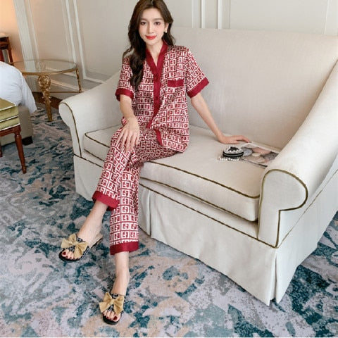 M-5XL Plus Size Luxury Silk Pajamas for Women Summer V Neck Letter Print Home Suit Stain Pajama Set Woman Sleepwear Pijama Mujer