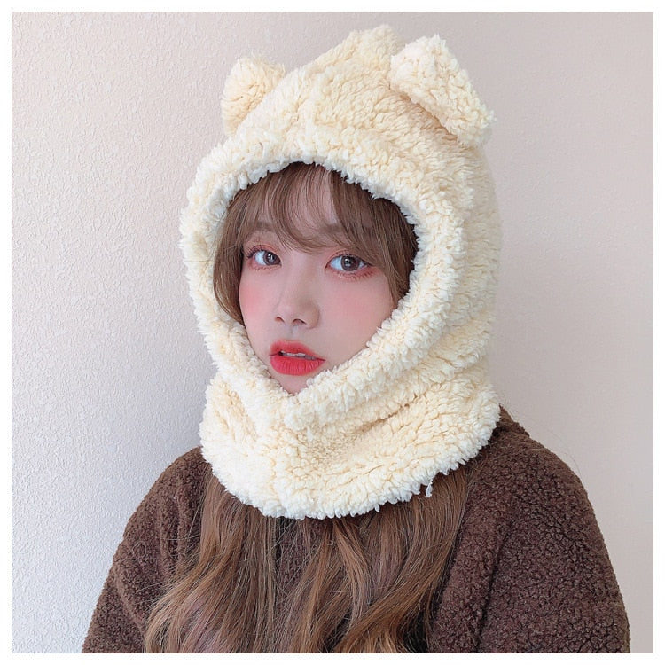 Cartoon Bear Ear Lamb Beanie Hat With Mask Warm Balaclava Winter Thickened Ear Protection Autumn Skullies Beanies for Women Girl