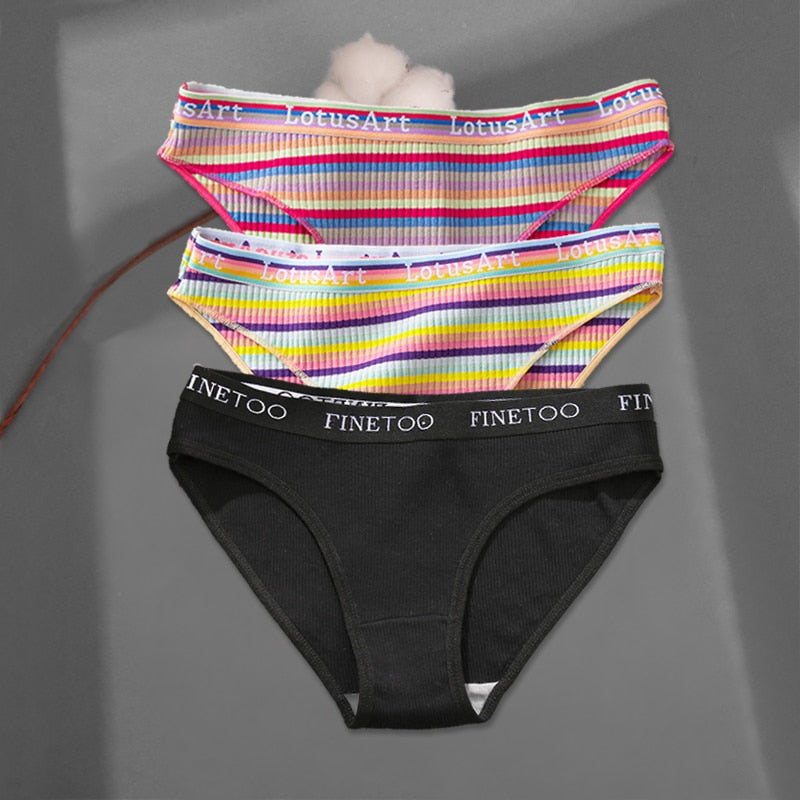 FINETOO 3Pcs/Set Colorful Stripes Panties Women&#39;s Cotton Briefs M-XL Low-Rise Rainbow Underwear Ladies Underpants Girls Panties