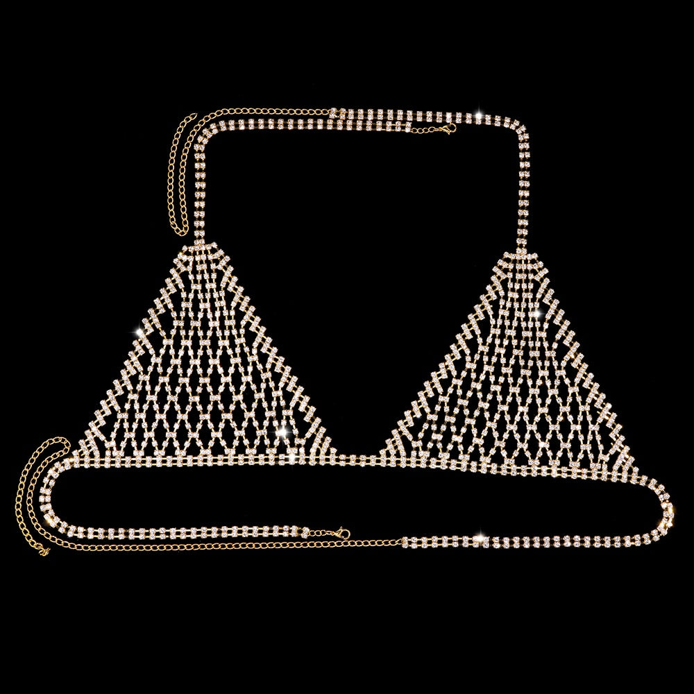 GLAMing Shiny Mesh Rhinestone Bra Chain for Women Rave Underwear Jewelry Sexy Bikini Ladies Crystal Lingerie Chain Body Outfits