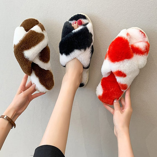 Soft Warm Home Slippers Winter Warm Indoor Shoes Woman Flat Platform Slippers High Quality Furry Faux Fur Slides For Women