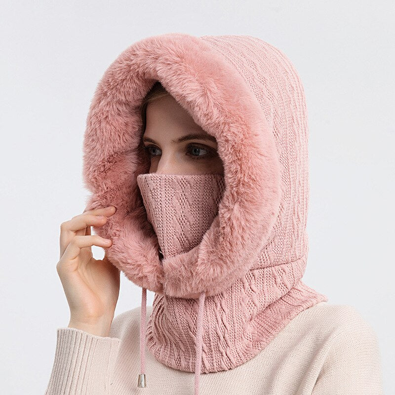 Winter Hat For Womens Hooded Face Mask Fluff Keep Warm Thicken Style Neck Scarf Hooded Cap Beanie Knitted Cashmere Neck Warmer