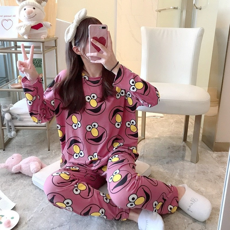 Autumn Thin 2pieces Pyjamas Set Women Sleepwear Lovely Home Suits 2021 Round Neck Girls Teacup SleepwearLong Sleeve Pajamas