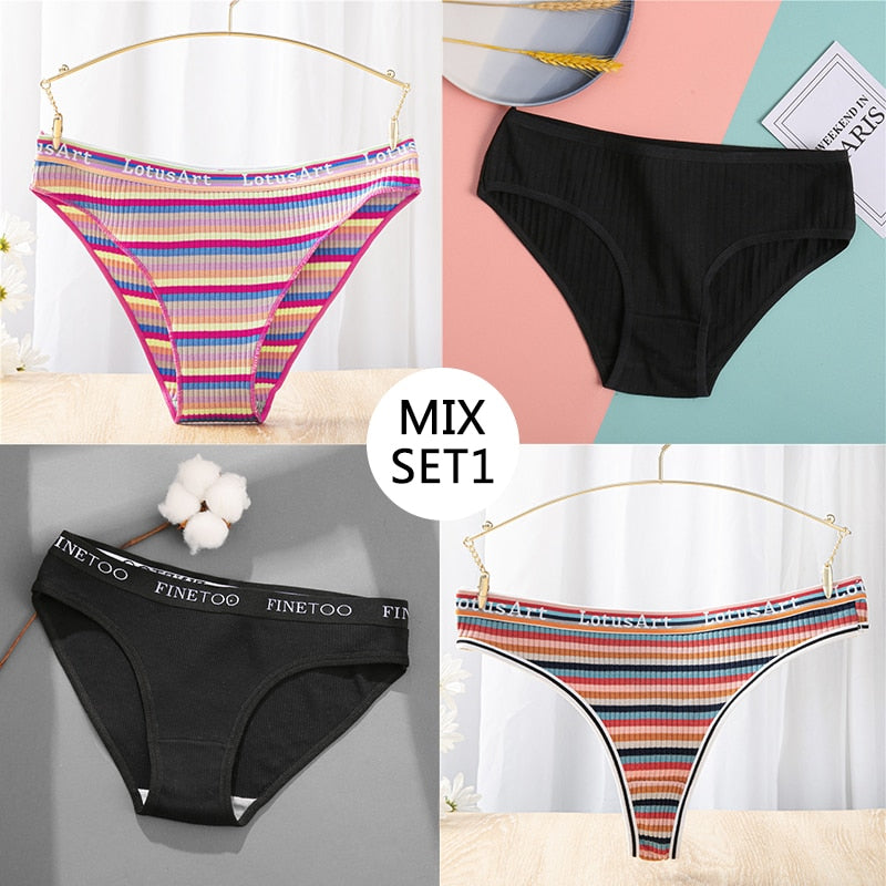 FINETOO 3Pcs/Set Colorful Stripes Panties Women&#39;s Cotton Briefs M-XL Low-Rise Rainbow Underwear Ladies Underpants Girls Panties