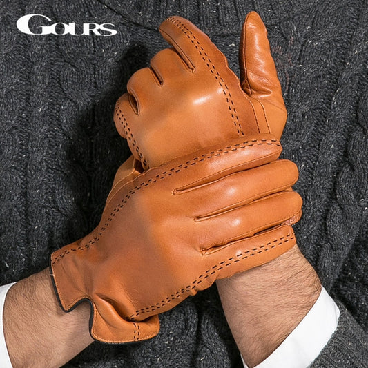 Gours Winter Men&#39;s Genuine Leather Gloves New Brand Touch Screen Gloves Fashion Warm Black Gloves Goatskin Mittens GSM012