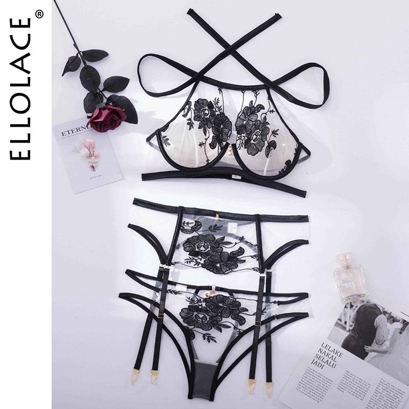 Ellolace Lingeries Lace Underwear 3-Pieces Sensual Erotic Sets Embroidery Transparent Halter Bra Cut Out Panties Intimate Set