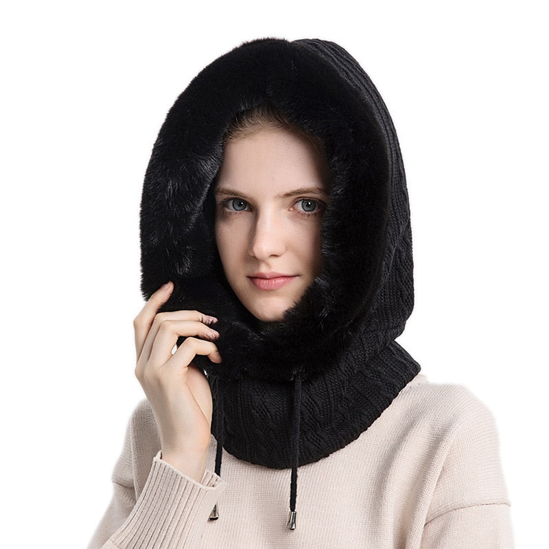 Winter Hat For Womens Hooded Face Mask Fluff Keep Warm Thicken Style Neck Scarf Hooded Cap Beanie Knitted Cashmere Neck Warmer