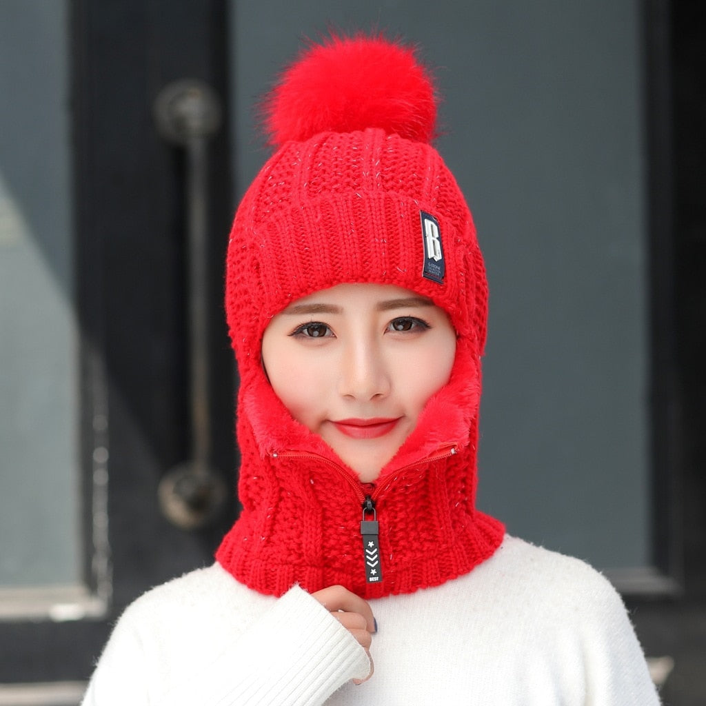 Women Wool Knitted Hat Ski Hat Sets Windproof Winter Outdoor Knit Thick Siamese Scarf Collar Warm Keep Face Warmer Beanies Hat