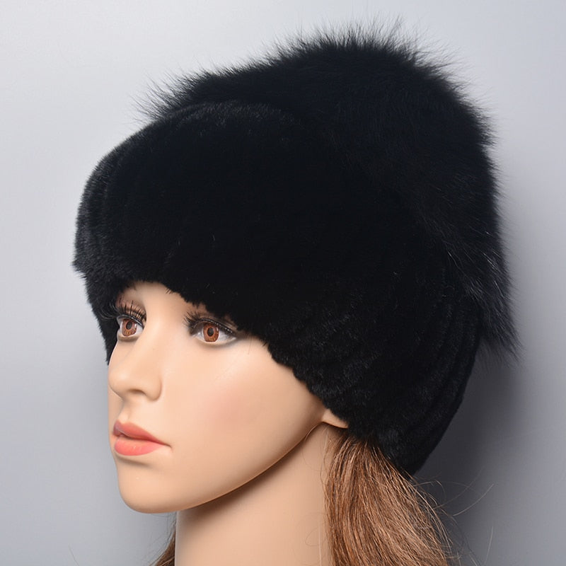 Russia Lady Winter Real Fur Hat Women Warm Knitted Genuine Rex Rabbit Fur Hat Top Natural Fox Fur Bomber Caps Rex Rabbit Fur Cap