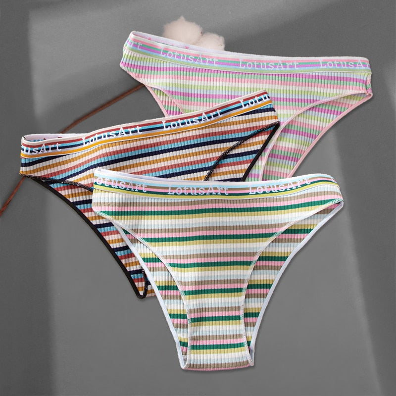 FINETOO 3Pcs/Set Colorful Stripes Panties Women&#39;s Cotton Briefs M-XL Low-Rise Rainbow Underwear Ladies Underpants Girls Panties