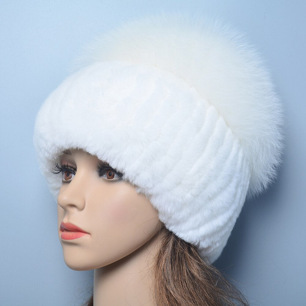 Russia Lady Winter Real Fur Hat Women Warm Knitted Genuine Rex Rabbit Fur Hat Top Natural Fox Fur Bomber Caps Rex Rabbit Fur Cap