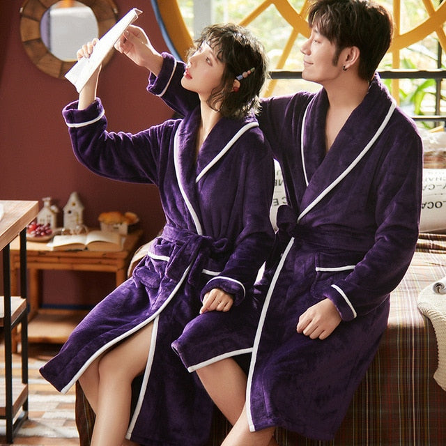 Bathrobe Men&#39;s Solid Winter Warm Long Sleeve Ladies Bath Robe Flannel Kimono with Sashes Dressing Gown for Couple 2022 New