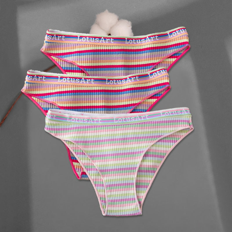 FINETOO 3Pcs/Set Colorful Stripes Panties Women&#39;s Cotton Briefs M-XL Low-Rise Rainbow Underwear Ladies Underpants Girls Panties