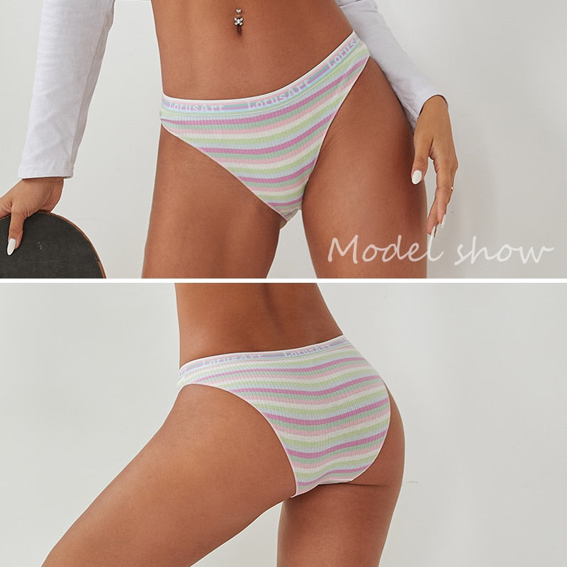 FINETOO 3Pcs/Set Colorful Stripes Panties Women&#39;s Cotton Briefs M-XL Low-Rise Rainbow Underwear Ladies Underpants Girls Panties