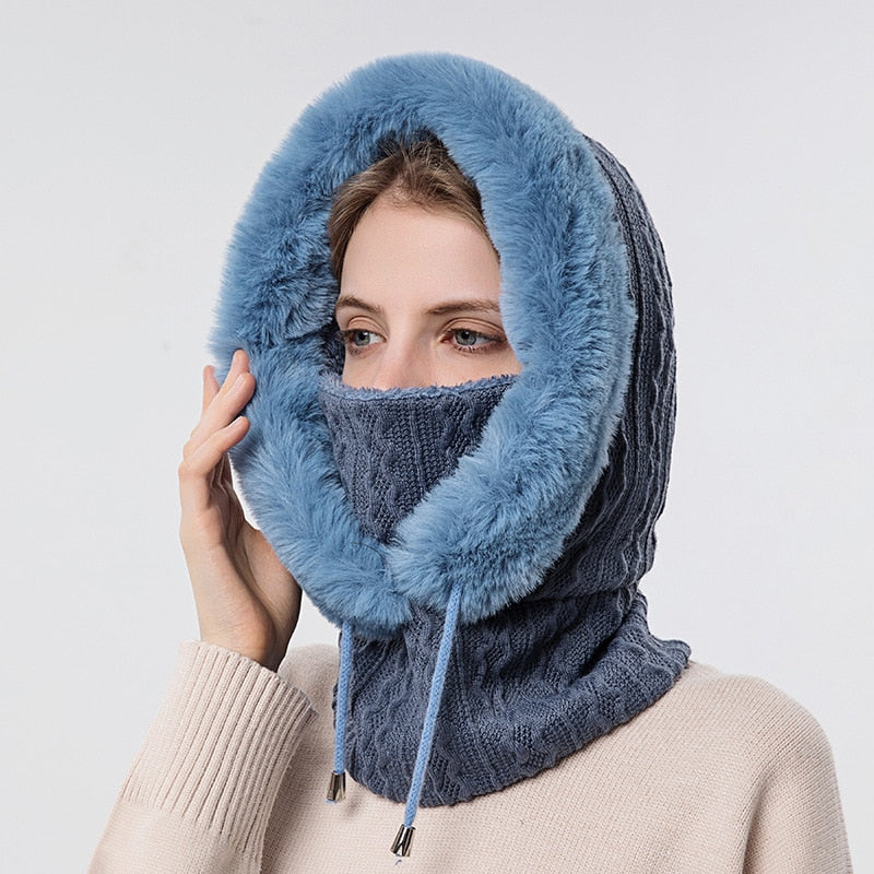 Winter Hat For Womens Hooded Face Mask Fluff Keep Warm Thicken Style Neck Scarf Hooded Cap Beanie Knitted Cashmere Neck Warmer