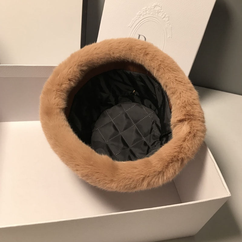 MAXSITI U Winter Fur Bucket Hat for Women Fashion Faux Leather Thickene Plush Warm fisherman&#39;s cap Casual  Flat Basin Hat