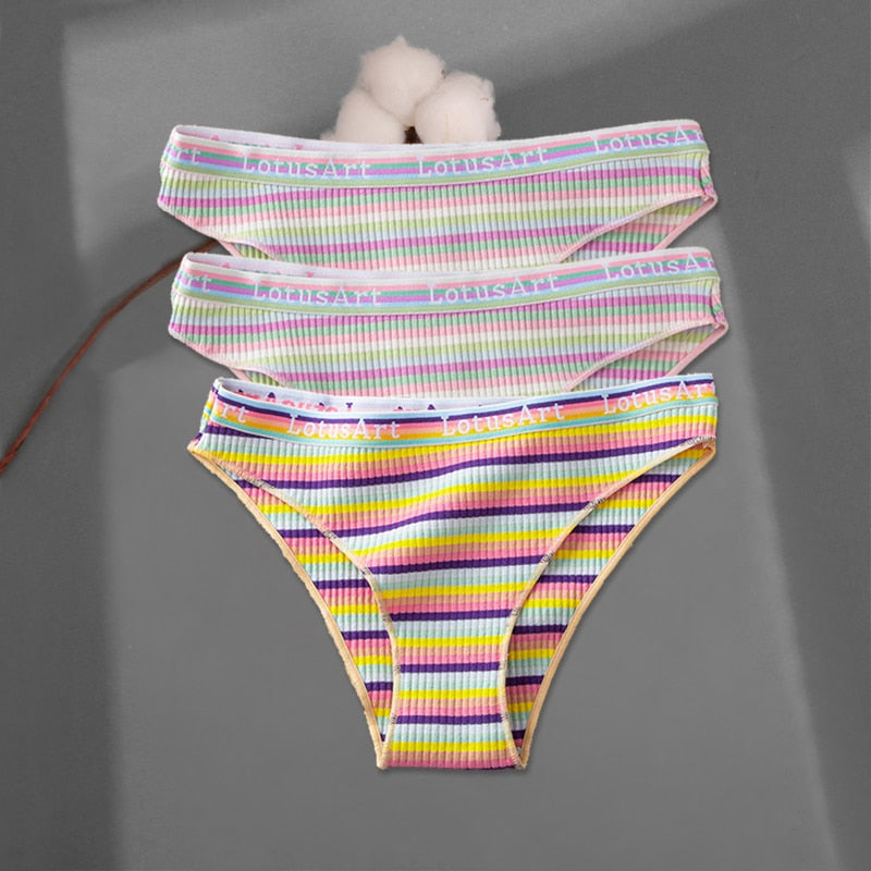 FINETOO 3Pcs/Set Colorful Stripes Panties Women&#39;s Cotton Briefs M-XL Low-Rise Rainbow Underwear Ladies Underpants Girls Panties