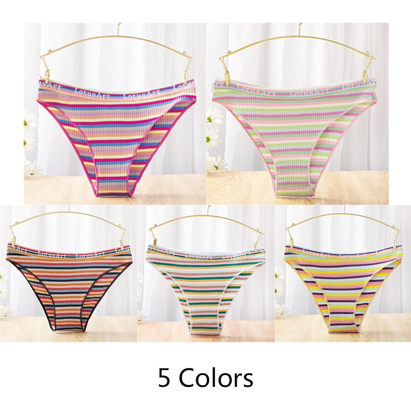 FINETOO 3Pcs/Set Colorful Stripes Panties Women&#39;s Cotton Briefs M-XL Low-Rise Rainbow Underwear Ladies Underpants Girls Panties