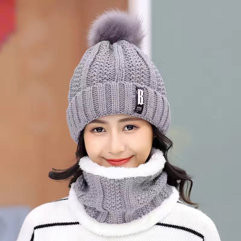 Women Wool Knitted Hat Ski Hat Sets Windproof Winter Outdoor Knit Thick Siamese Scarf Collar Warm Keep Face Warmer Beanies Hat