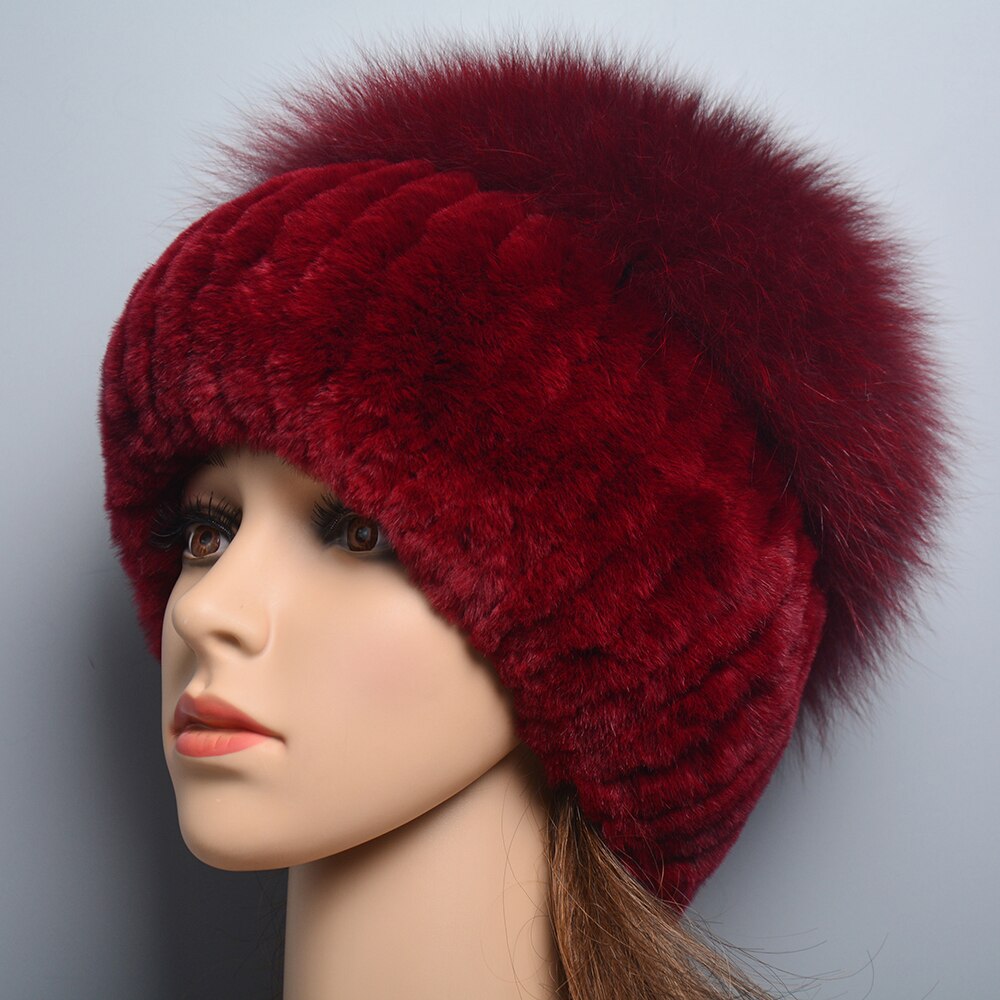 Russia Lady Winter Real Fur Hat Women Warm Knitted Genuine Rex Rabbit Fur Hat Top Natural Fox Fur Bomber Caps Rex Rabbit Fur Cap