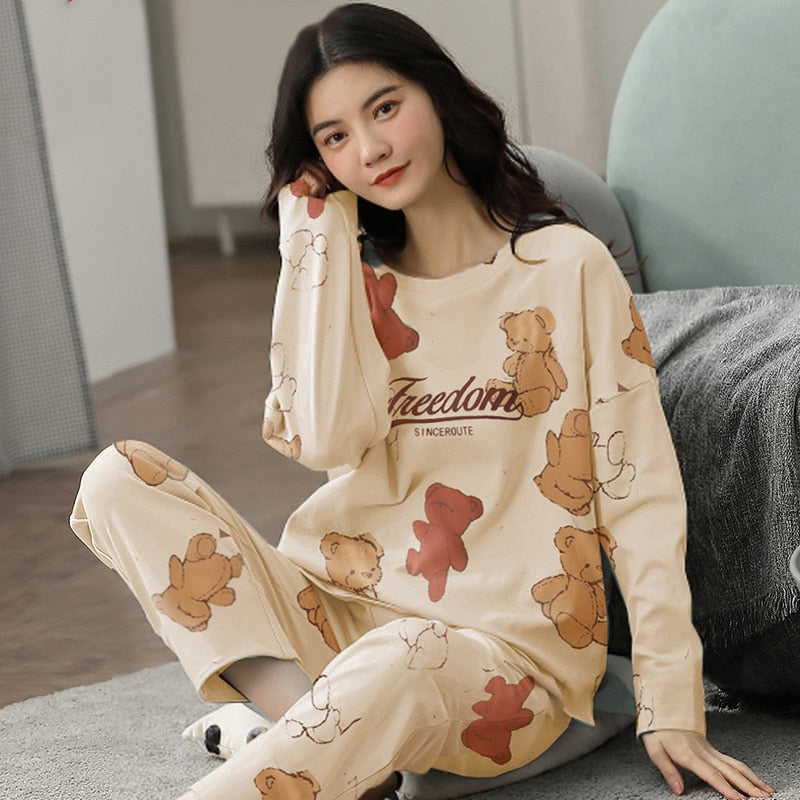 Pure Cotton Pajamas Women&#39;s Spring and Autumn Models Long-sleeved Home Service Women&#39;s Simple Loose Casual Suit Large Size 5XL