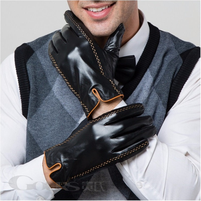 Gours Winter Men&#39;s Genuine Leather Gloves New Brand Touch Screen Gloves Fashion Warm Black Gloves Goatskin Mittens GSM012