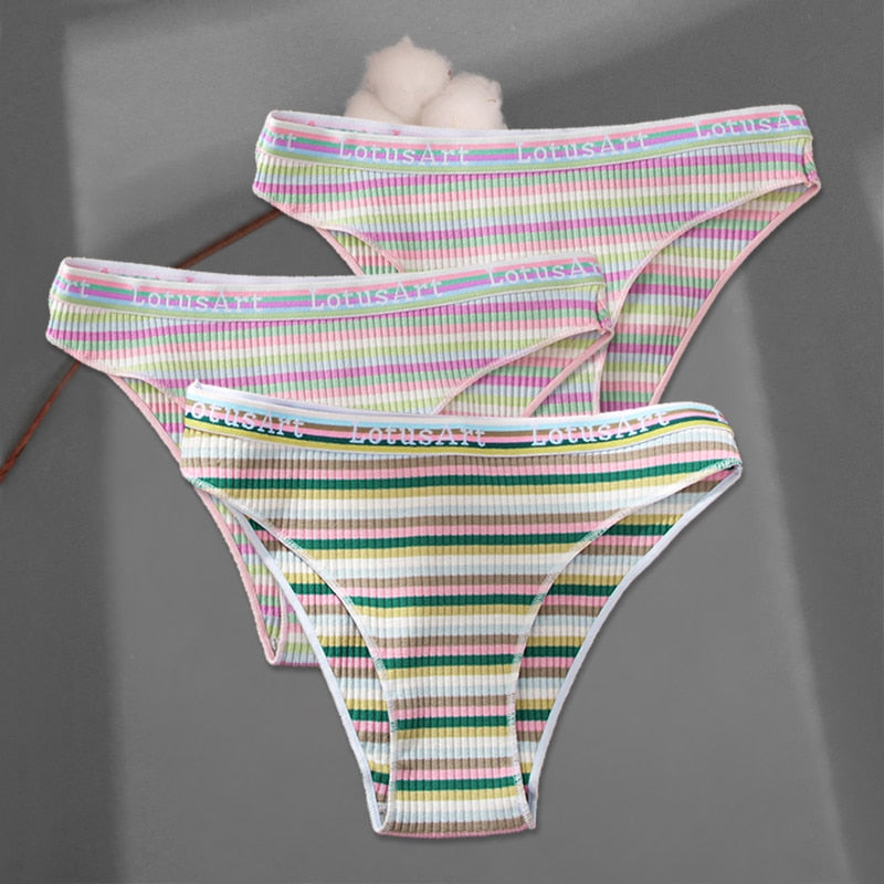 FINETOO 3Pcs/Set Colorful Stripes Panties Women&#39;s Cotton Briefs M-XL Low-Rise Rainbow Underwear Ladies Underpants Girls Panties