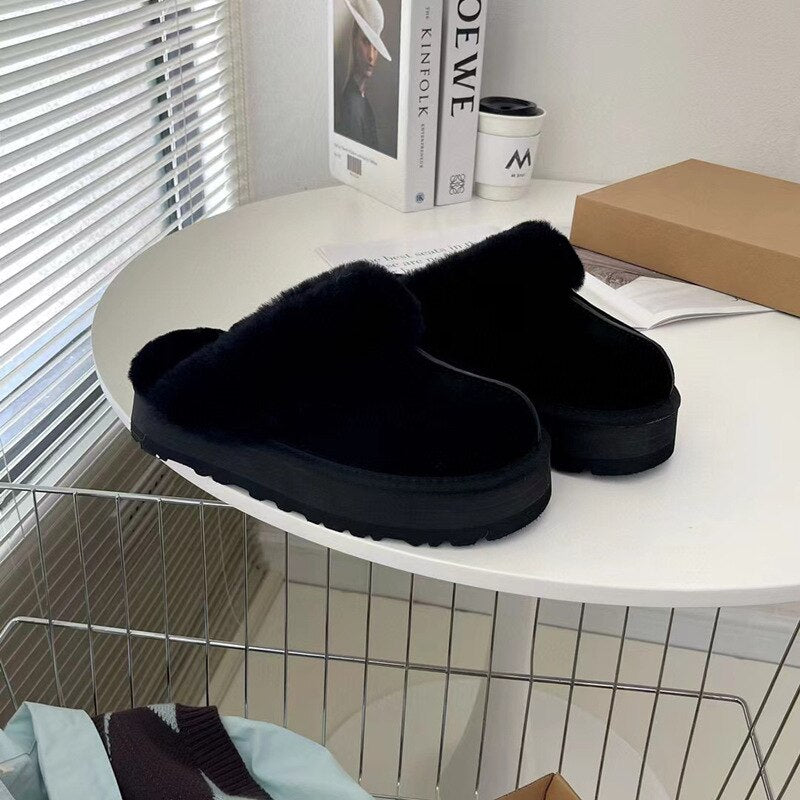 Winter Brand Plush Cotton Slippers Women Flats Shoes 2023 New Fashion Platform Casual Home Suede Fur Warm Slingback Flip Flops