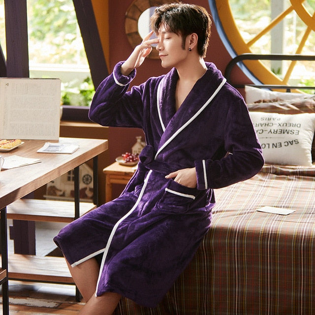 Bathrobe Men&#39;s Solid Winter Warm Long Sleeve Ladies Bath Robe Flannel Kimono with Sashes Dressing Gown for Couple 2022 New