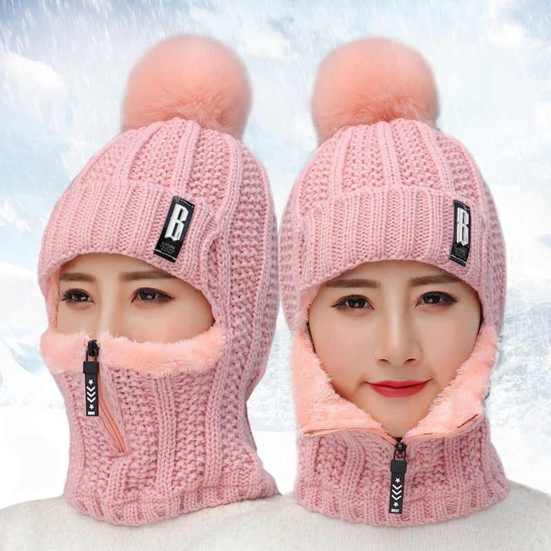 Women Wool Knitted Hat Ski Hat Sets Windproof Winter Outdoor Knit Thick Siamese Scarf Collar Warm Keep Face Warmer Beanies Hat