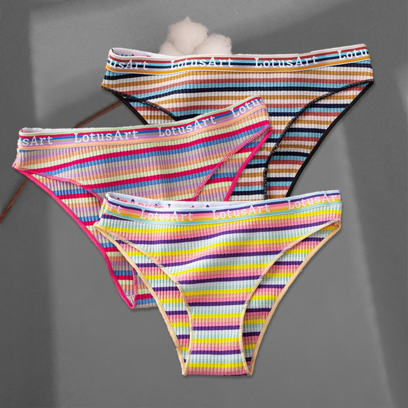 FINETOO 3Pcs/Set Colorful Stripes Panties Women&#39;s Cotton Briefs M-XL Low-Rise Rainbow Underwear Ladies Underpants Girls Panties