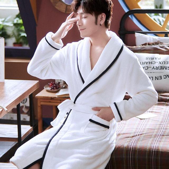 Bathrobe Men&#39;s Solid Winter Warm Long Sleeve Ladies Bath Robe Flannel Kimono with Sashes Dressing Gown for Couple 2022 New