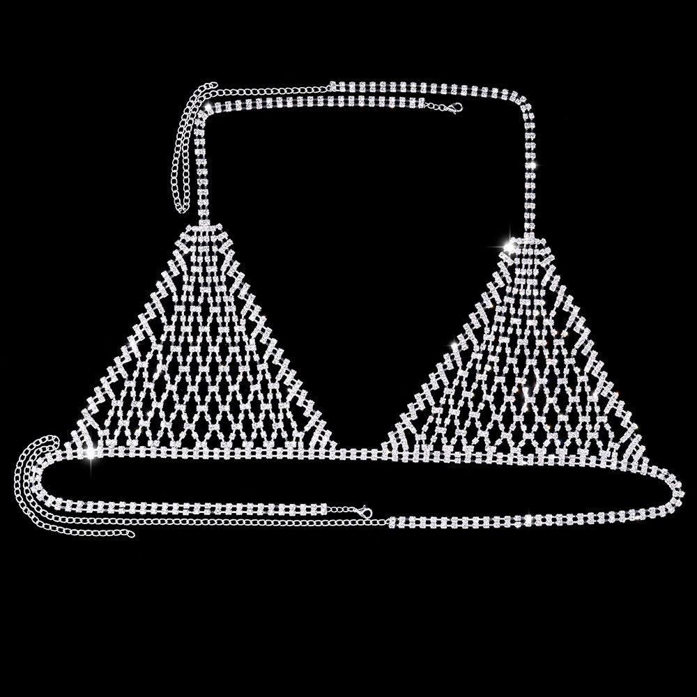 GLAMing Shiny Mesh Rhinestone Bra Chain for Women Rave Underwear Jewelry Sexy Bikini Ladies Crystal Lingerie Chain Body Outfits