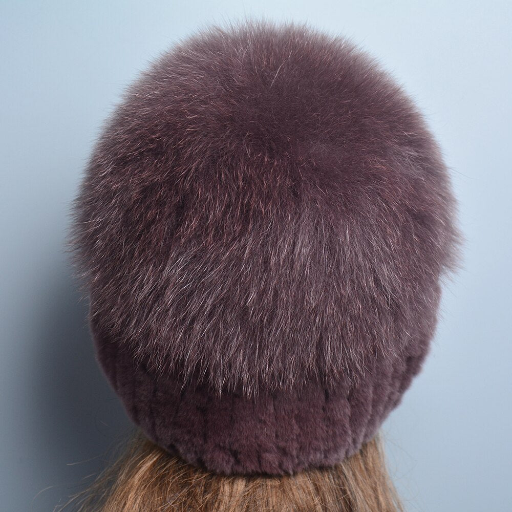 Russia Lady Winter Real Fur Hat Women Warm Knitted Genuine Rex Rabbit Fur Hat Top Natural Fox Fur Bomber Caps Rex Rabbit Fur Cap