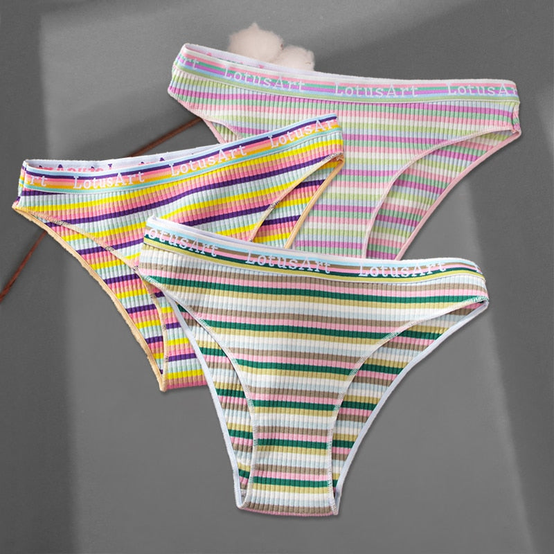 FINETOO 3Pcs/Set Colorful Stripes Panties Women&#39;s Cotton Briefs M-XL Low-Rise Rainbow Underwear Ladies Underpants Girls Panties