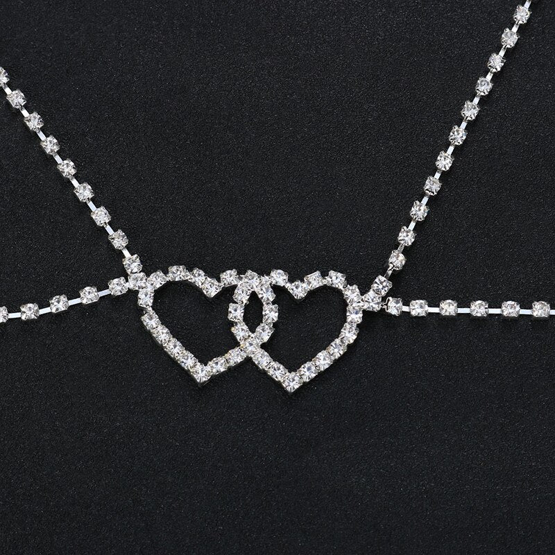 GLAMing Rhinestone Double Heart Bra Chain Jewelry Harness for Women Rave Accessories Simple Body Chain Crystal Lingerie Bikinis