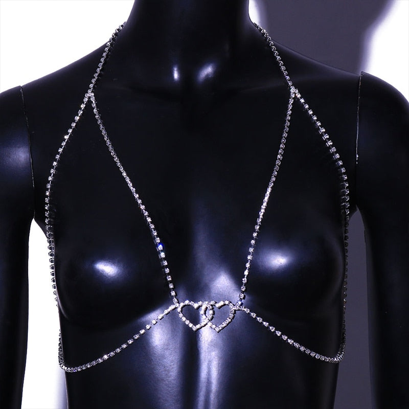 GLAMing Rhinestone Double Heart Bra Chain Jewelry Harness for Women Rave Accessories Simple Body Chain Crystal Lingerie Bikinis