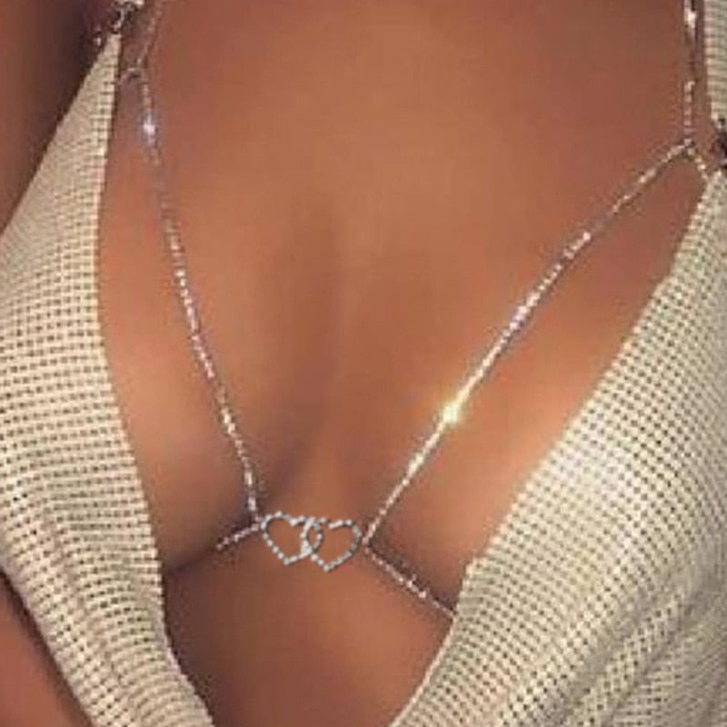 GLAMing Rhinestone Double Heart Bra Chain Jewelry Harness for Women Rave Accessories Simple Body Chain Crystal Lingerie Bikinis