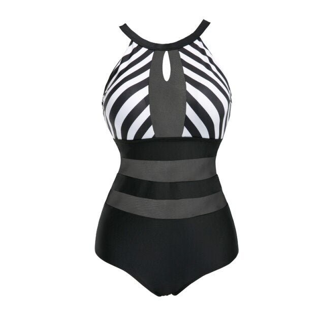 Sexy Black Mesh Stripe One Piece Swimwear Women One-piece Swimsuit Plus size Trikini Swim Suit Monokini swiming Womens Swim Wear