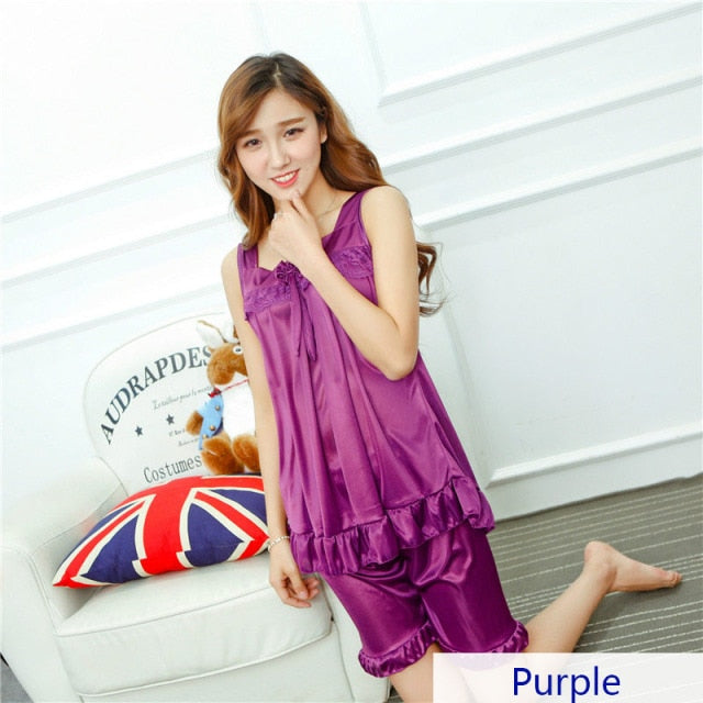 YINSILAIBEI Summer Cooling Women Faux Silk Satin Sexy Night Sleepwear Female Pajamas Set with Shorts Nightie for Ladies #30