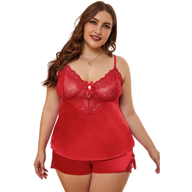 SEBOWEL Plus Size Black/Red Floral Lace Satin Cami Sleep Set for Woman Summer Pajamas Tops + Shorts Suits Female Sleepwear XL-5X